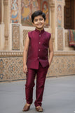 Maroon Premium Brocade Indo Western Suit Set For Boys