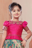 Rama Green Silk Pattu Pavadai with Pink Puff Sleeve Top For Girls