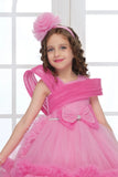 Pink Layered High-Low Tulle Party Frock with Shoulder Pleats For Girls