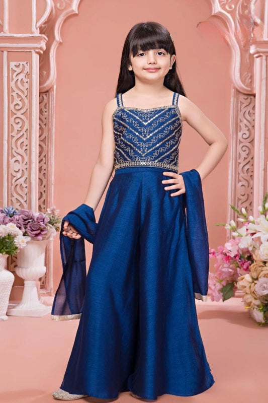 Navy Blue Embroidered  Palazzo Set With Dupatta For Girls