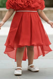 Red Ruffle Layered Party Wear Frock With Shimmer Strap For Girls