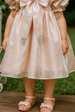 Peach Puff Sleeve And Bow Embellished Frock For Girls