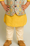 Mustard Yellow Kurta Pyjama Set With Printed Waist Coat For Boys