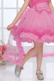 Pink Layered High-Low Tulle Party Frock with Shoulder Pleats For Girls