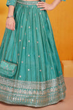 Teal Green Embroidered Lehenga Choli With Jacket For Girls