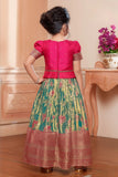 Rama Green Silk Pattu Pavadai with Pink Puff Sleeve Top For Girls