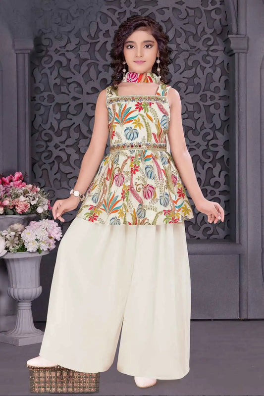 Cream Palazzo Set With Embroidered Multicolor Peplum Top For Girls