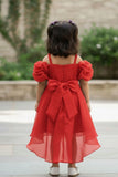 Red Ruffle Layered Party Wear Frock With Shimmer Strap For Girls