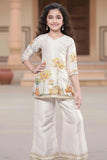 Beige Floral Printed and Sequins Work Palazzo Set For Girls