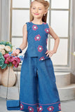 Blue Embroidered Palazzo Set with Matching Sling Bag For Girls