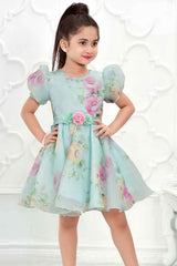 Green Organza Floral Printed Frock For Girls