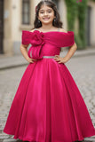 Rani Pink Off-Shoulder Pleated Bow Party Gown For Girls