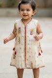 Cream Floral Embroidered Casual Dress with Tassel Detailing For Girls