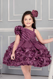 Designer Wine One Side Sleeve Frock With Floral Embellishment For Girls - Lagorii Kids