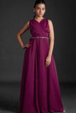 Wine Satin Evening Gown with Pleated Overlap Bodice For Girls