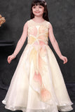Ivory Floral Sequin Party Wear Gown with Layered Flare For Girls