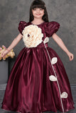 Wine Embellished Party Gown with Oversized Ivory Floral Appliqué For Girls