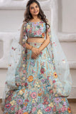 Aqua Blue 3D Floral Threadwork Lehenga Choli Set with Net Dupatta For Girls