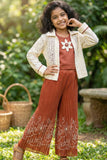 Brown Co-ord Set with Cream Lace Jacket & Floral Motif Top For Girls