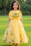 Yellow Sequin Party Gown with 3D Floral Bow For Girls