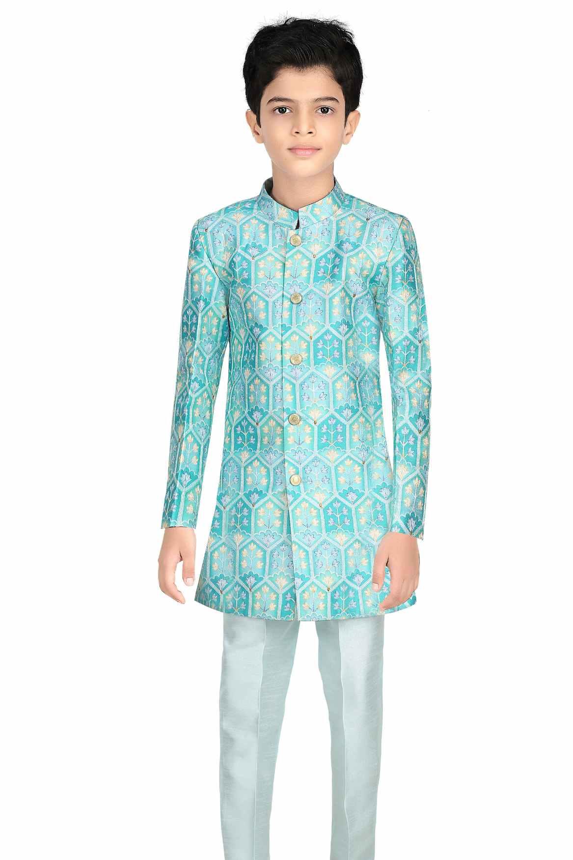 Classic Blue Printed Sherwani With White Pant For Boys - Lagorii Kids