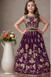 Wine Sequin Work And Zari Embroidery Lehenga Choli Set For Girls