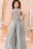 Grey Palazzo Set with Multicolor Embroidered Top and Dupatta