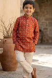 Red Ethnic Printed Kurta with Cream Pyjama Set For Boys