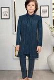Ethnic Teal Blue Sequins Embroidered Indo-Western Sherwani Style Suit For Boys