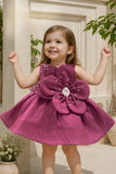 Magenta Embellished 3D Floral Appliqué Party Frock For Girls