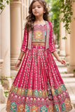 Red Sequin Work And Embroidered Lehenga Choli Set With Overcoat For Girls