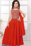 Rust Orange Embroidered Palazzo Set with Dupatta For Girls