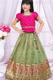 Pink And Olive Green Pattu Pavadai Set With Mirror Embroidery For Girls