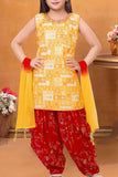 Yellow Kurti With Red Patiala Suit Set For Girls