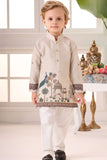 Heritage Peacock Beige Printed Kurta with White Pajama For Boys