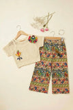 Cream Crochet Top With Multicolor Pants Set For Girls
