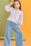 Floral Top with Wide-Leg Denim Jeans Set For Girls