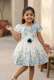 Cream Floral Party Frock with Mint Blue Rose Print & Puff Sleeves For Girls