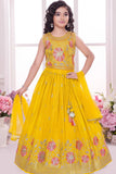 Yellow Floral Embroidered Lehenga Choli Set with Dupatta For Girls