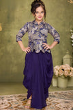 Purple Draped Indo-Western Dhoti Set with Floral Peplum Top For Girls