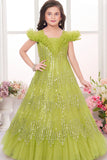 Lime Green Embellished Sequin Sparkle Ball Gown For Girls