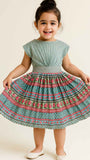 Teal Printed Flared Frock for Girls