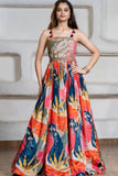 Multicolor Abstract Print Embellished Ethnic Gown For Girls