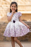 Cream Floral Party Frock with Pink Rose Print & Puff Sleeves For Girls