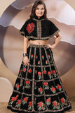 Black Embroidered Lehenga With Cape Top For Girls