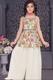Cream Palazzo Set With Embroidered Multicolor Peplum Top For Girls