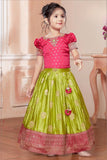 Green Silk Pattu Pavadai with Pink Puff Sleeve Top For Girls