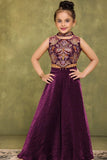 Plum Purple Embroidered Palazzo Set For Girls