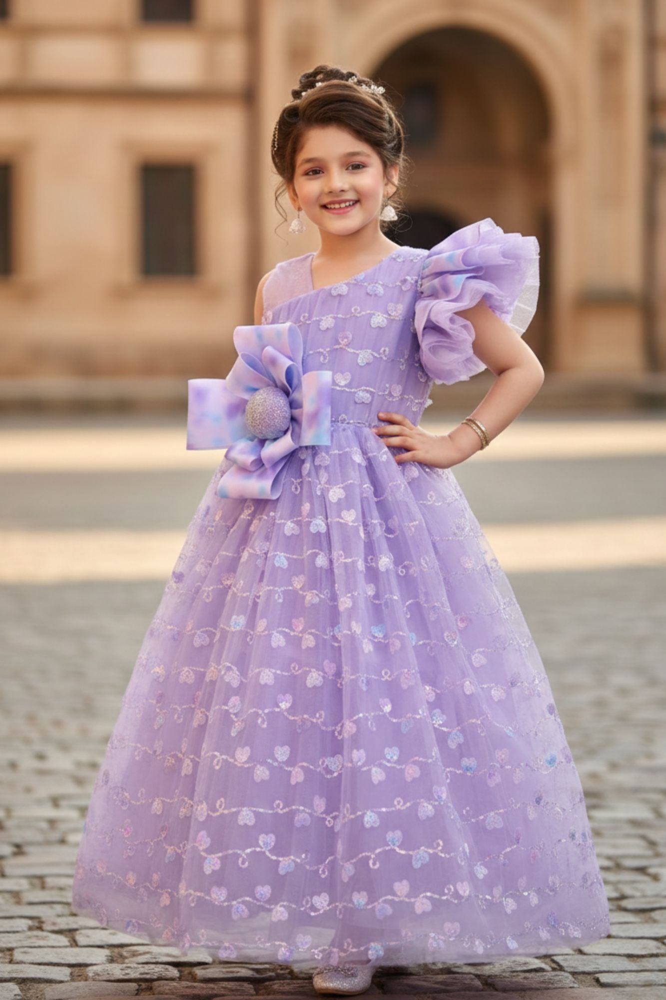 Lavender One-Shoulder Bow Embroidered Party Gown for Girls  Lagorii Kids