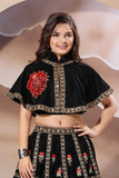 Black Embroidered Lehenga With Cape Top For Girls